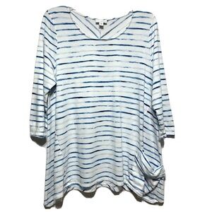 J. Jill Pure White & Blue Stripe 3/4 Sleeve Blouse Top Loose Fit size Large